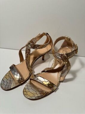 Delman Metallic Snake-Print Heels in Gold and Tan